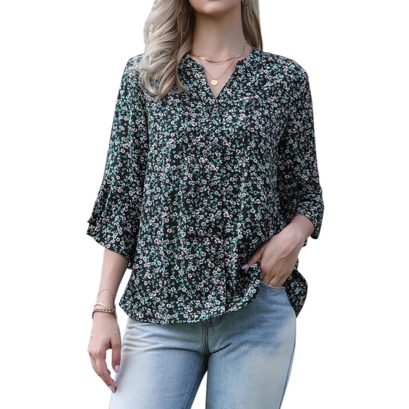 DARING DIVA Women's V Neck 3/4 Sleeves Vintage Casual Floral Shirts XS Black
