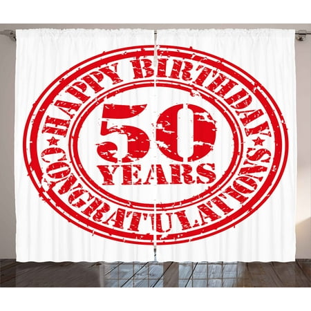 50th Birthday Decorations Curtains 2 Panels Set, Grungy Display Rubber Stamp Fifty Years Old Congratulation Icon, Window Drapes for Living Room Bedroom, 108W X 90L Inches, Red White, by