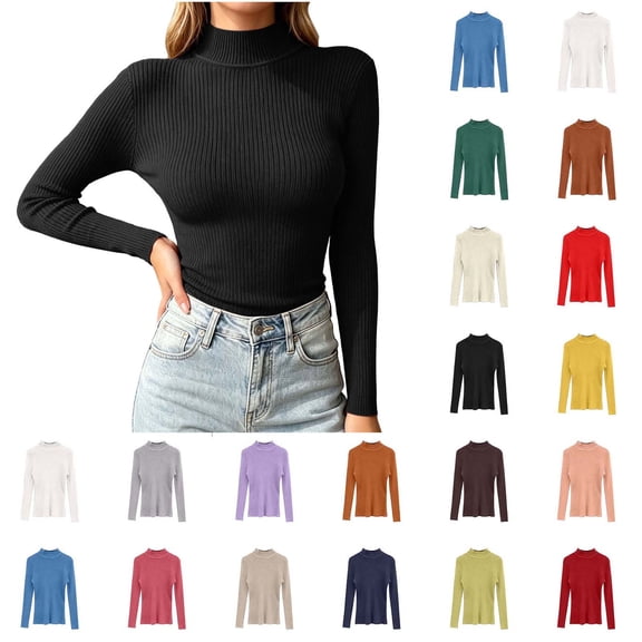 Xaqiouau Womens Ribbed Mock Neck Sweater Long Sleeve Knit Tops Slim Fit Stretch Pullover Lightweight Casual Basic Fall Winter Sweaters