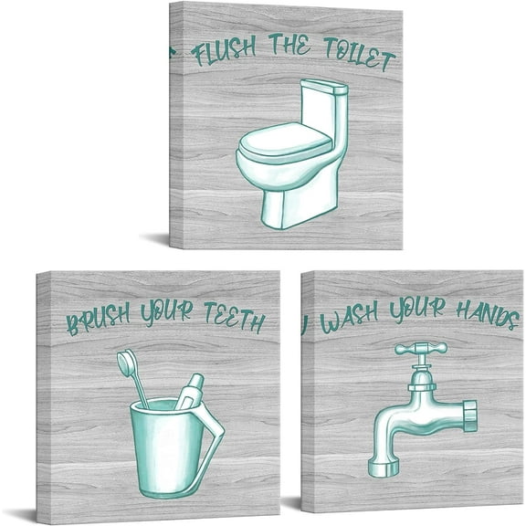 Bathroom Picture Art Prints Teal and Grey Wall Decorations Wash Your Hands Sign Paintings Ready to Hang (Small-12 x12 x3pcs)
