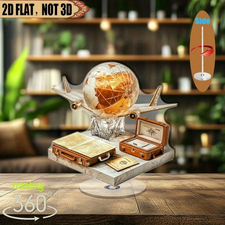 Revolving acrylic tabletop centerpiece featuring a transparent airplane, a glowing crystal globe, and a suitcase with travel stamps for office display, gift giving, and travel enthusiasts