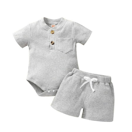 

XINSHIDE Newborn Infant Baby Boys Girls Short Sleeve Solid Romper Bodysuit + Shorts Outfits Baby Clothing