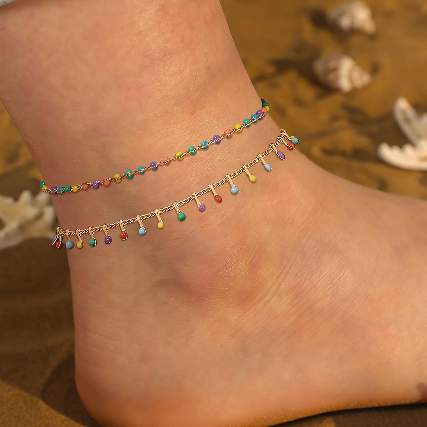 Gold Anklets For Women 14K Gold Plated Tiny Bead Anklet Green Rose Colorful Cubic Zirconia Tassel Foot Chain Dainty Adjustable Cute Anklets Summer Beach Boho Anklets Jewelry[o1306]