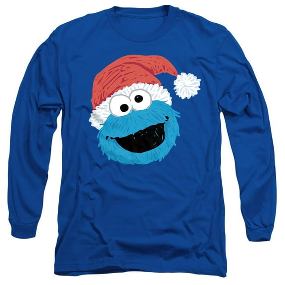 Sesame Street Scribble Christmas Cookie Monster Unisex Adult Long-Sleeve T Shirt, Royal, Medium