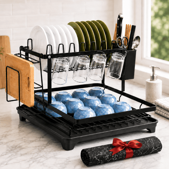 MEHOOM 2-Tier Dish Drying Rack, Dish Rack, Stainless Steel Dish Rack with Auto Drainage System and Absorbent Mat, Dish Drainer for Kitchen Counter