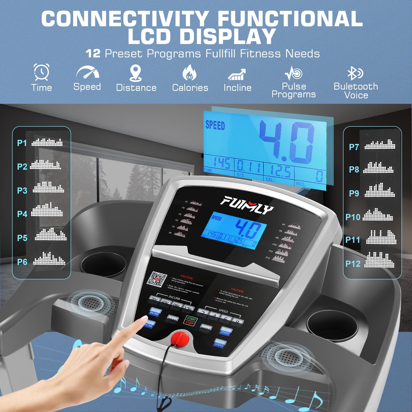 FUNMILY Folding Treadmill with 13% Auto Incline, 3.25HP Ultra-silent Motor, Speed Range of 0.6~9MPH,300lb Weight Capacity,Bluetooth Connectivity, Home&Office Fitness Equipment