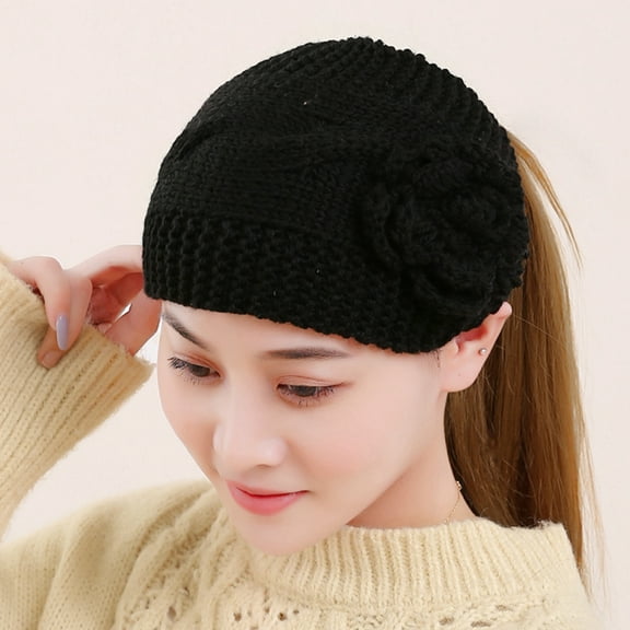 1PC Hat Black Polyester Autumn And Winter Warm Knitted Yarn Headband Hat Flower Headband Headdress Covered HeadBand