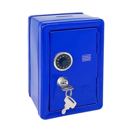 Mini Metal Safe Piggy Bank for Kids, Dual Lock Combination Dial & Key Lock Coin Savings Box with Removable Coin Drawer, Top Coin Slot Anti-Slip Small Money Storage Safe for Boys Girls Gift, Blue