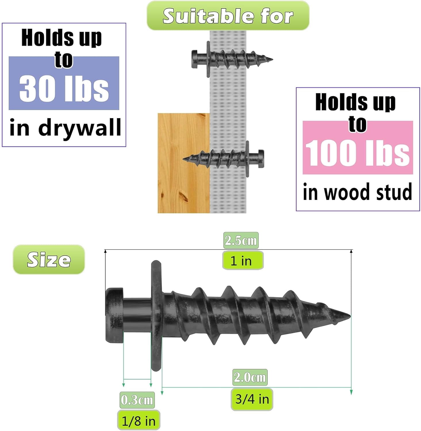 JJEAN-Double-Headed Bear Claw Wall Picture Hooks, 4-in-1 Drywall Hanging Screw with D-Rings, Sawtooth, Wire, Keyholes for Hanging and Mounting (Black Zinc, 35 Pack+D-Ring)