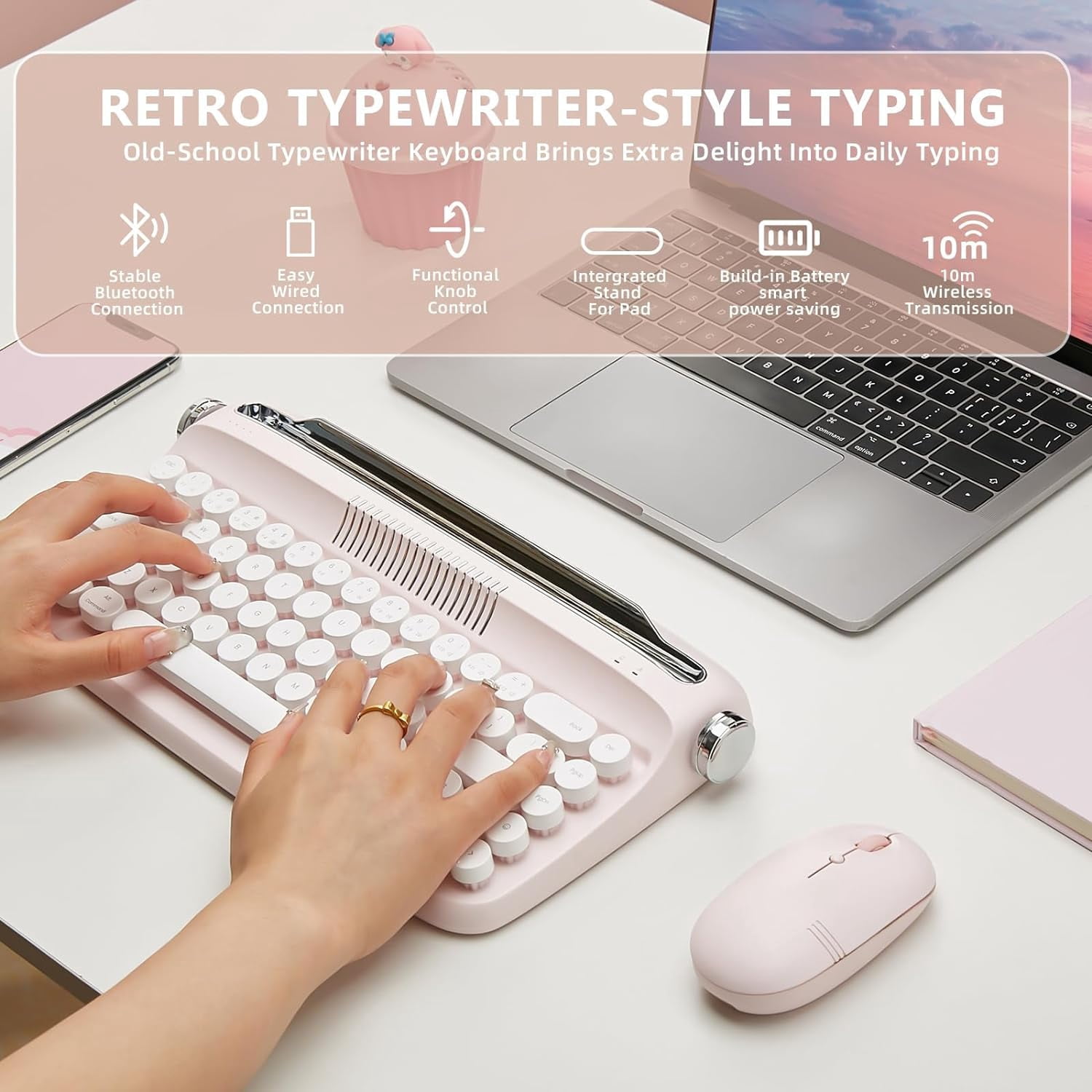 YUNZII Retro Wireless Typewriter Keyboard with Stand, USB-C/Bluetooth, Cute Round Keycaps,Stand for Table, Phone, PC and Win/Mac/Android,Pink