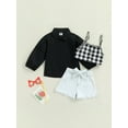 thumbnail image 2 of Kiapeise 3Pcs Toddler Girls Casual Outfit Long Sleeve T-Shirt Tops + Plaid Suspenders Vest + Denim Shorts, 2 of 9