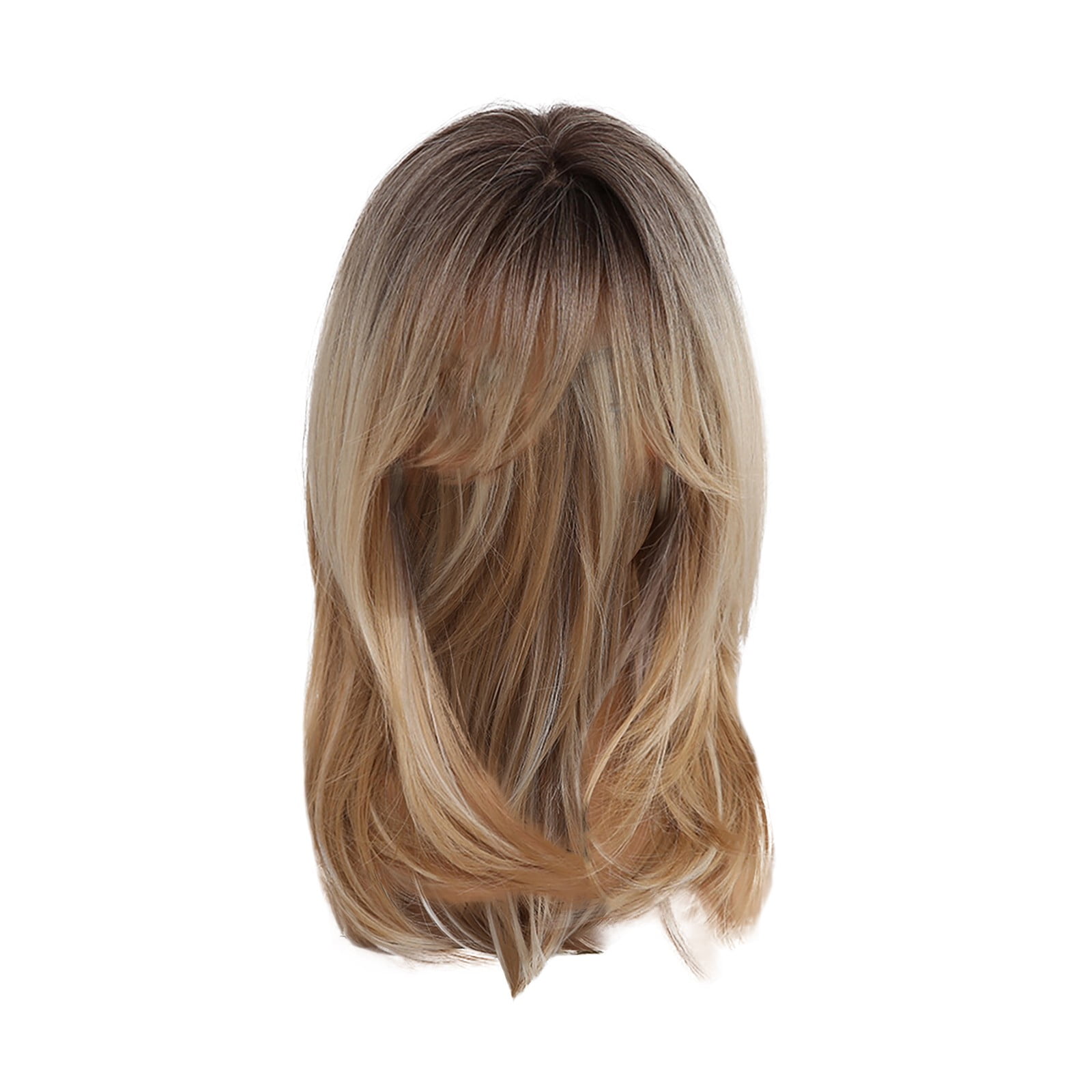 DOPI Brown Mixed Natural Blonde Wavy Ombre Synthetic Hair Wigs With Bangs For Women