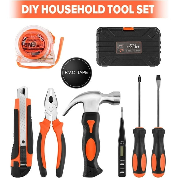 9pcs General Household Tool Set, Home Tool Kit with Plastic Toolbox for DIY, Maintenance, Perfect for Students & Homeowners (Red)