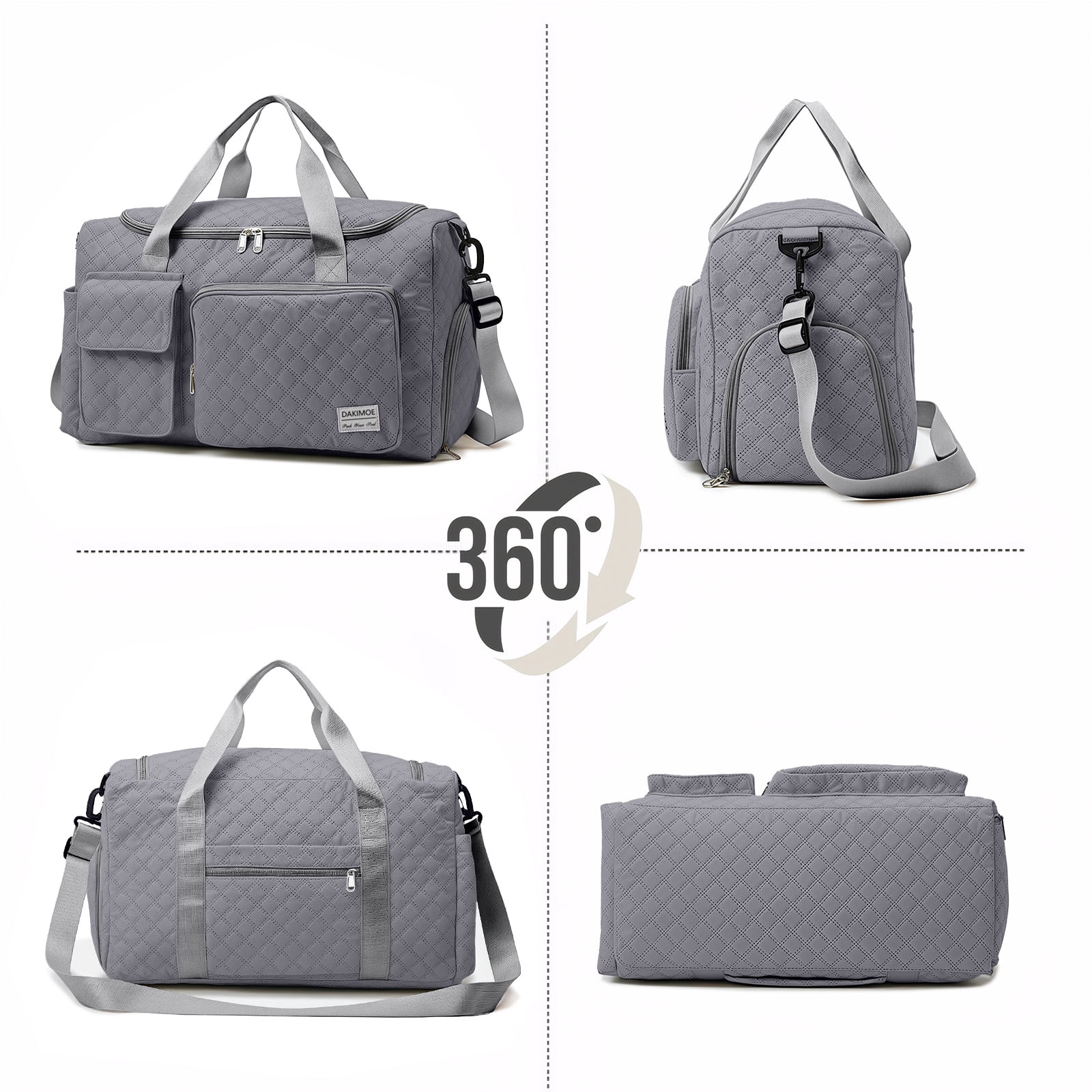 DAKIMOE Travel Duffle Bag for Women Men, Weekender Overnight Bags Carry on Gym Bag with Wet Pocket/Adjustable Strap/Shoe Compartment, Foldable Waterproof Duffel Tote for Plane Sports Dance, Gray