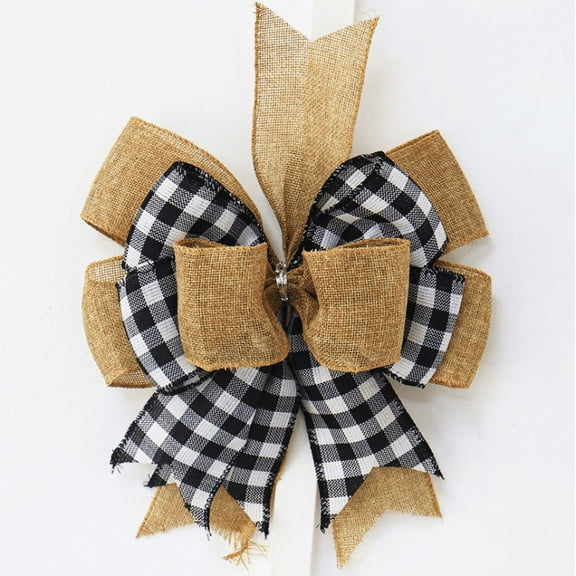 LOKESI Black White Buffalo Plaid Burlap Wreath Bow Double Layed Gift Bows Wreath Bow Wall Ornaments Christmas Tree Topper Bows for Holiday Home Front Door Decorations,12x9.4inch,Small