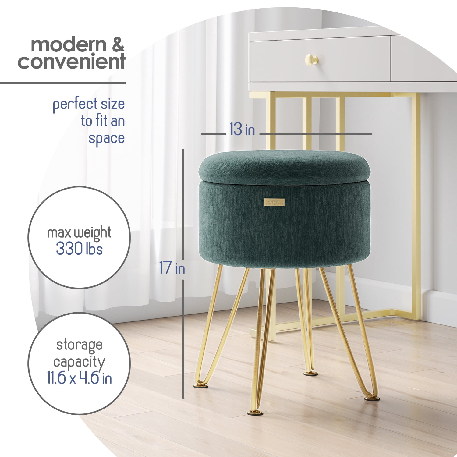 LammaLoe Small Round Ottoman with Storage, Textured Velvet Ottoman Foot Stool with Lid, Upholstered Vanity Stool for Living Room & Bedroom, Green