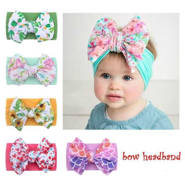 EGNMCR 5PC Newborn Infant Baby Girls Print Bow Headband Stretch Hairband Girl Set