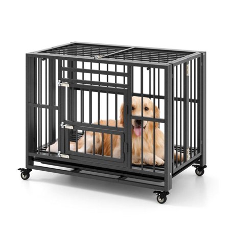 Foldable Metal Dog Cage Chew-Proof Crate with Wheels - Heavy-Duty Pet Kennel for Small & Medium Dogs - Lockable Doors, Pull-Out Tray, 37x23x30 Inch