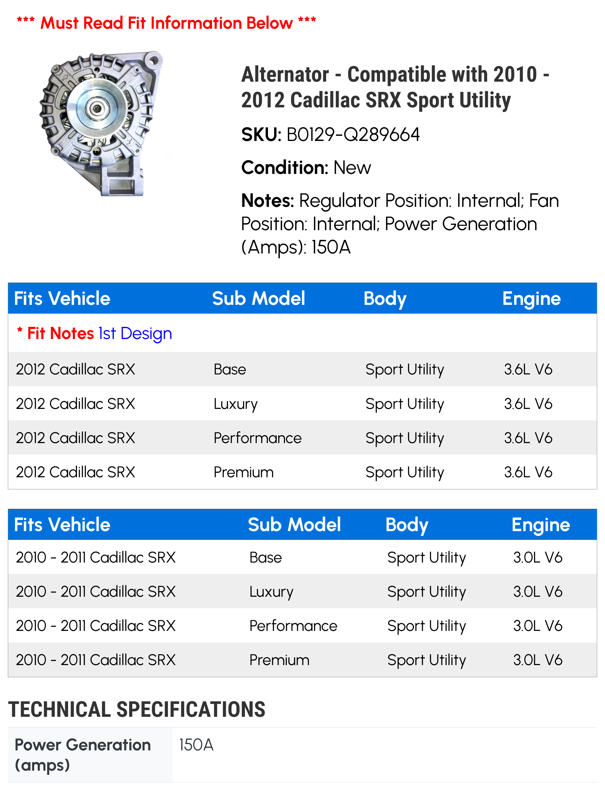 Alternator - Compatible with 2010 - 2012 Cadillac SRX Sport Utility 2011