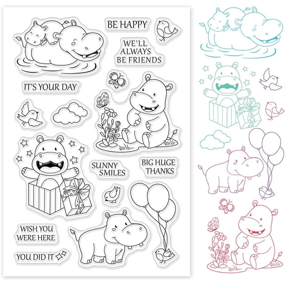 Happy Hippo Silicone Clear Stamps Transparent Stamps for DIY People Birthday Valentine's Day Cards Making DIY Scrapbooking Photo Album Decoration Paper Craft