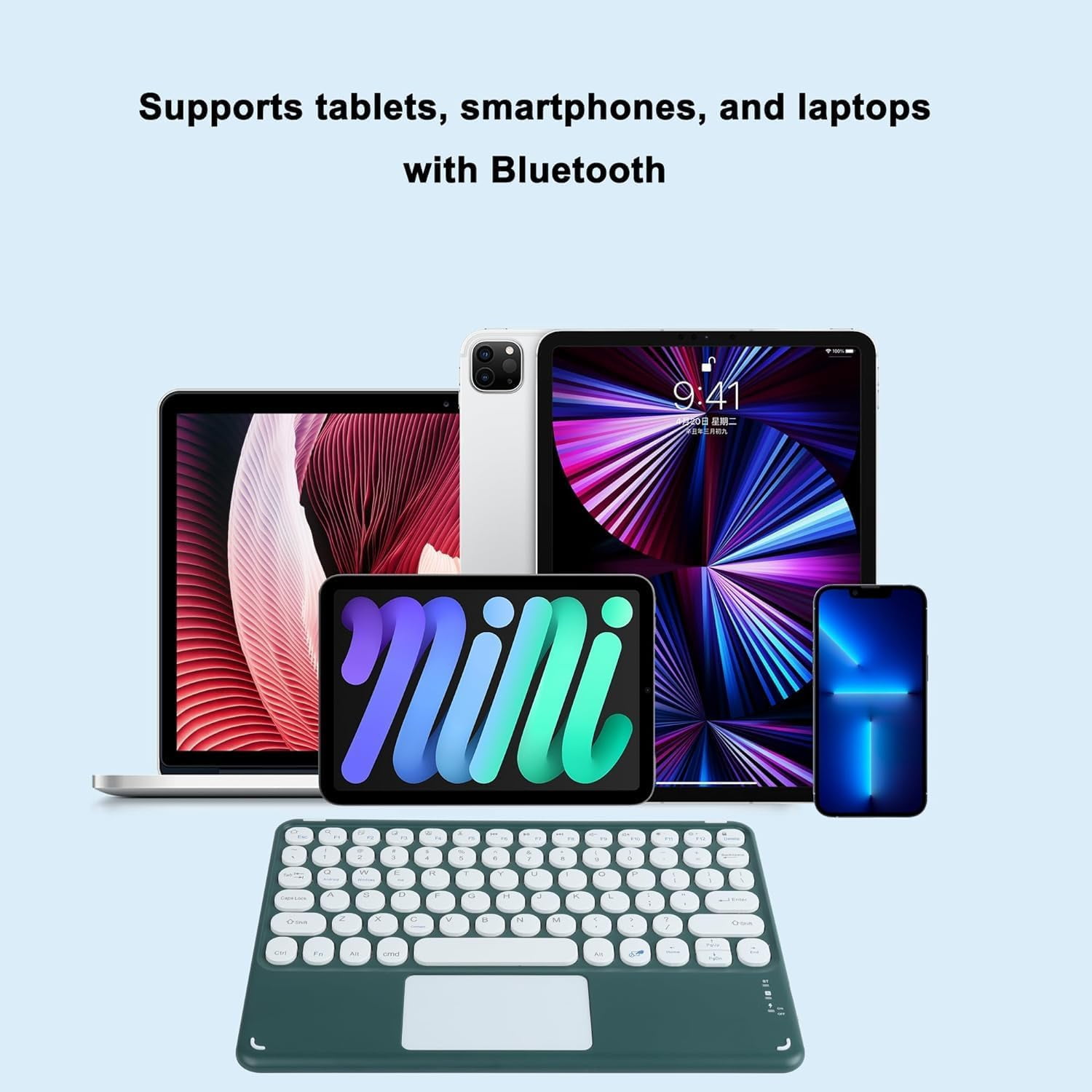 Portable Wireless Bluetooth Keyboard with Touchpad, Ultra-Thin Rechargeable Bluetooth Keyboard Mini with trackpad Round Key for iPad pro/iPad/iOS/Android (Dark green)