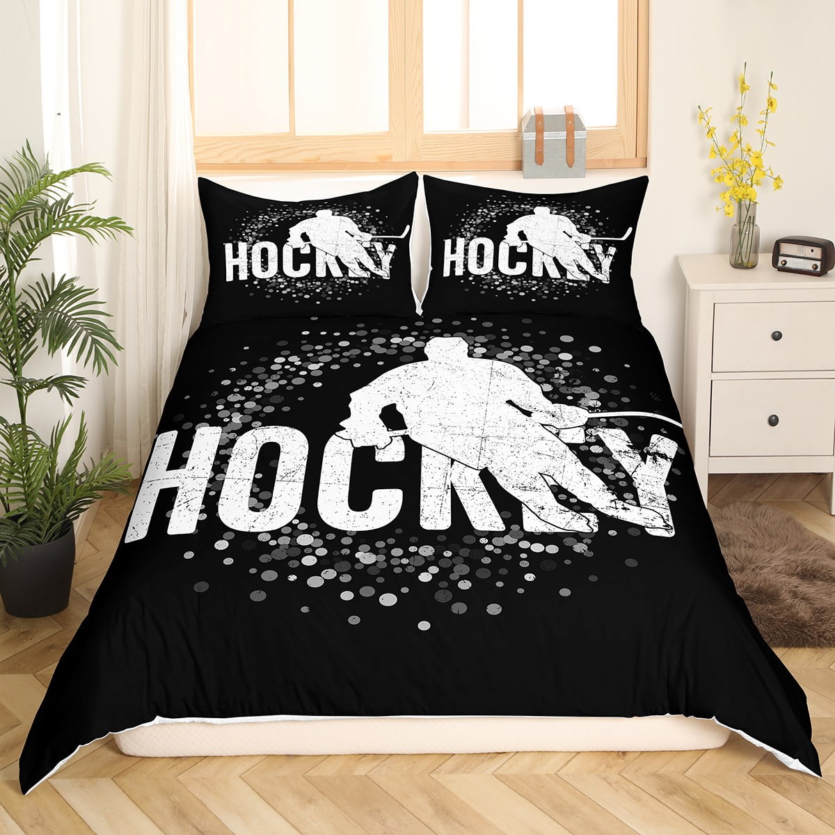 Kids Hockey Comforter Cover Twin, Ice Hockey Duvet Cover for Youth Boys