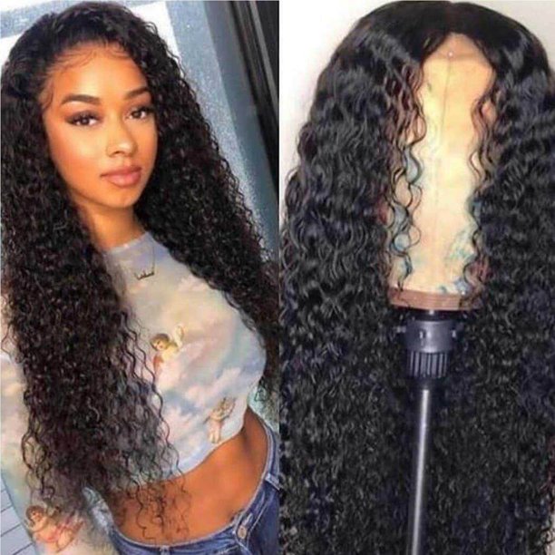 Black Women Wigs Deep Curly Wig Long Curly Hair Adjustable with Bangs Black Wave Wig