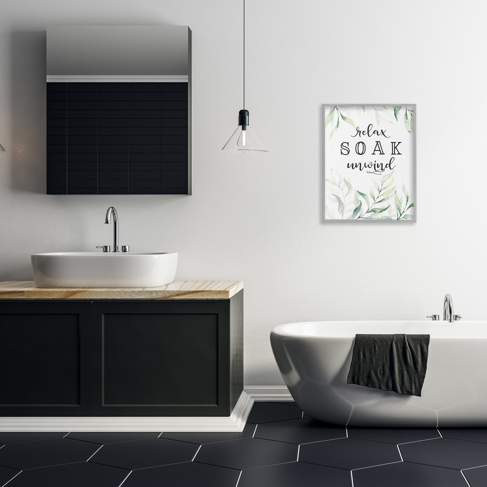 Soak & Unwind with Leaves Gray Framed Giclee Art, design by Lettered and Lined