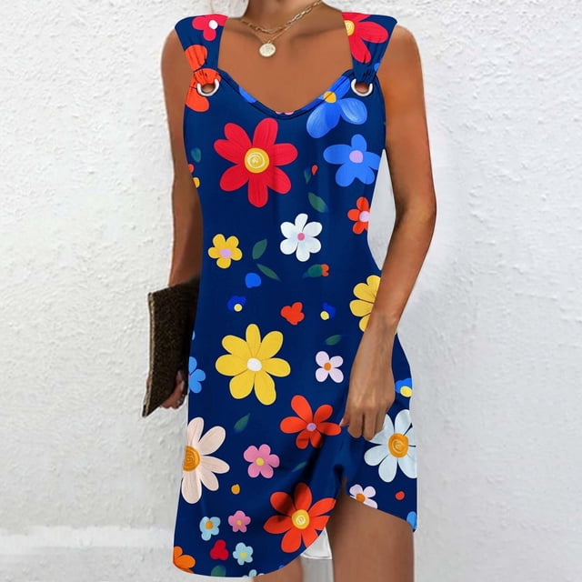Ovzne Robes pour Femmes Robe d'Été Mode d'Été pour Femmes Couleur Unie Poche Sans Manches Robe Col en V Grande Taille Robe Imprimée Liquidation