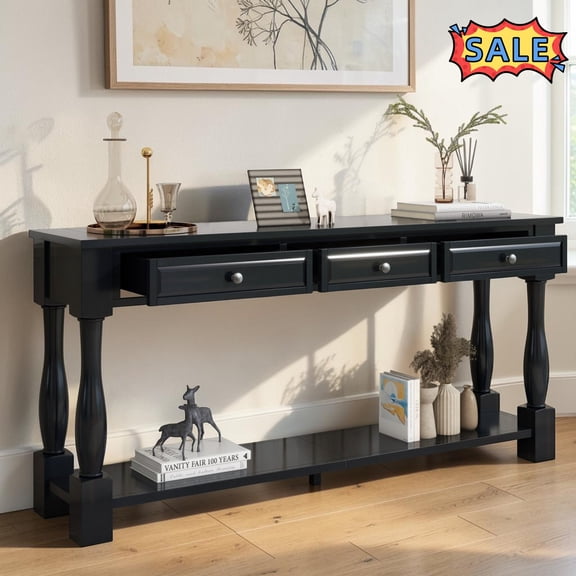 Tcbosik 63" Console Table with Open Shelf, Narrow Sofa Table with 3 Storage Drawers, Entryway Table for Living Room, Hallway, Foyer, Espresso
