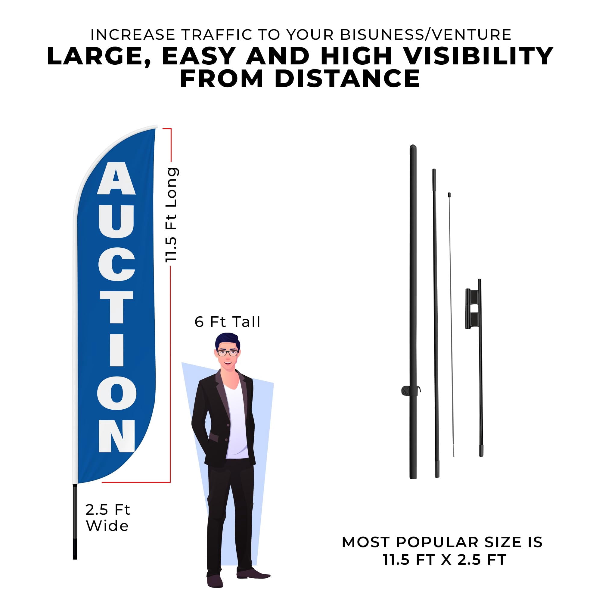 Auction Feather Flag(11.5feetX2.5feet) by DreamController | Outdoor Business Advertising Tall Flag | Weather-Resistant Knitted Swooper Flag | Made in USA | HD Print(Flag Only)