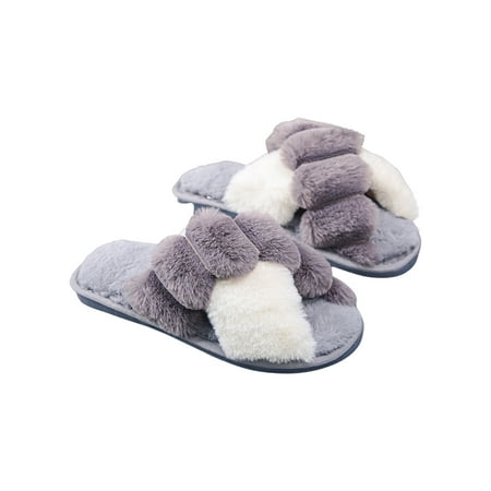 

Doolland Women s Fuzzy Slippers Cross Band Memory Foam House Slippers Open Toe Non-Slip Slippers