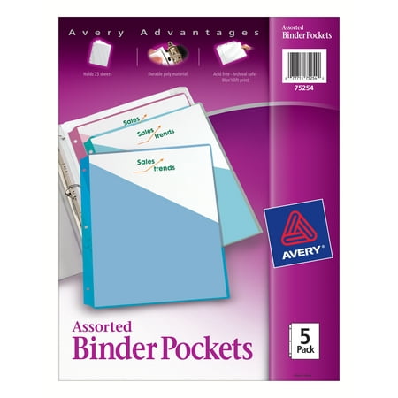 2 Clear Pockets - Avery Binder Pockets, Three-Hole Punched, 5 Assorted Colors (75254)