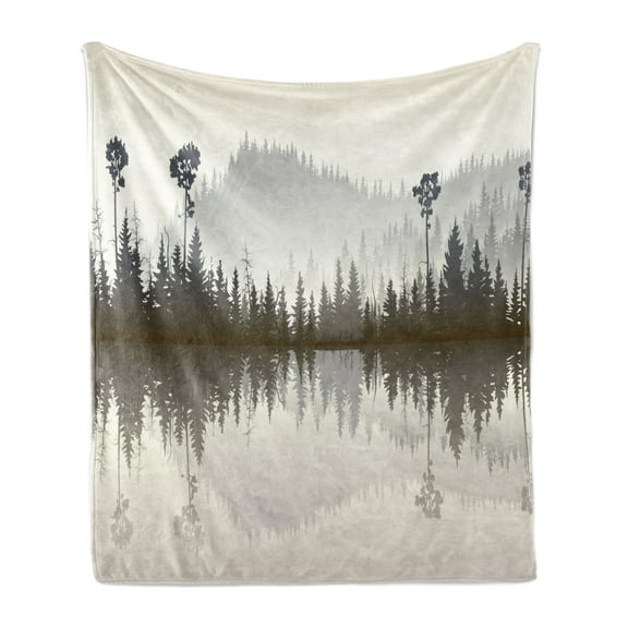 Forest Soft Flannel Fleece Throw Blanket, Misty Northern Nature Jungle with Hills and River at Dusk Water Reflection, Cozy Plush for Indoor and Outdoor Use, 50" x 60", Cream Grey Brown, by Ambesonne