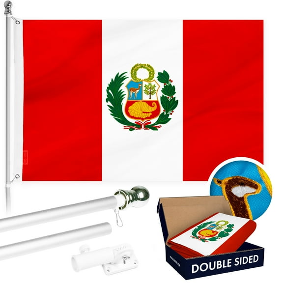 G128 Combo Pack: Flag Pole 6Ft Silver Tangle Free & Peru Peruvian Flag 3x5FT Double Sided Embroidered