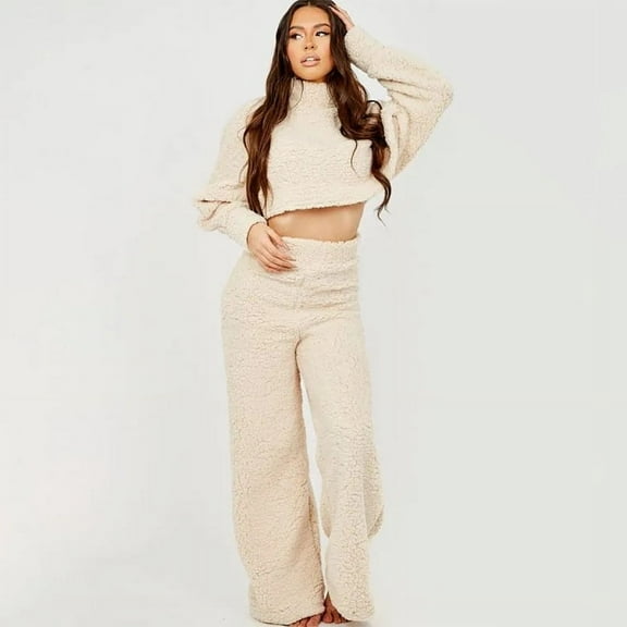 Cropped Top And Wide Leg Pants Lounge Set (S, ChampagneBeige)