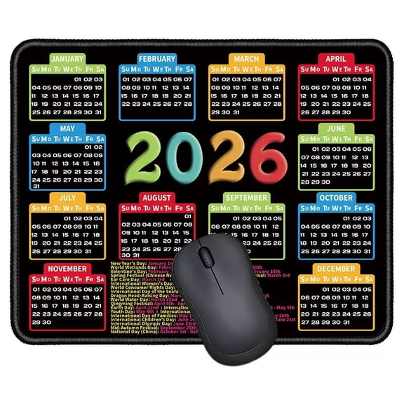 Mouse Pad with Stitched Edge, Computer Mouse Mat with Non-Slip Rubber Base, Mouse Pads for Computers Laptop Mouse 11.8x9.8x1.2 inch, (2026 Calendar Black)