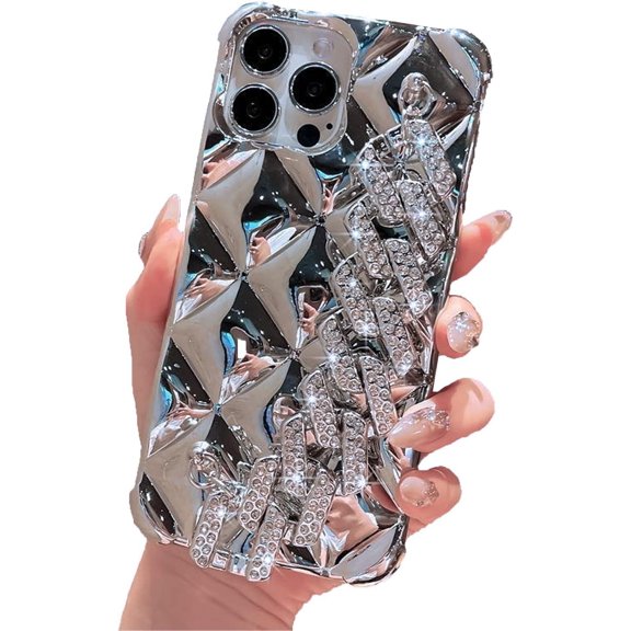 Compatible with iPhone 14 Pro Case Bling Luxury Hand Strap for Women Girls, 3D Glitter Sparkle Diamond Crystal Wrist Bracket Airbags Bumper Shockproof Protective Cover Case,6.1 Inch, Silver