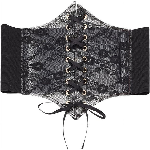 Black Vintage Lace-up Elastic Wide Corset Waist Belt for DIY Women Transparent Lace Crochet Petal Ribbon Tied Waspie Belt for DIY Party Club Prom Dress Shirts Clothing Costume Waistband