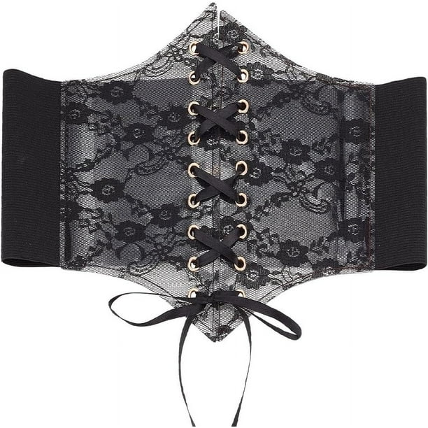 Cinturón corsé ancho elástico vintage negro con cordones para mujer, con encaje transparente, pétalos de ganchillo y cinta.