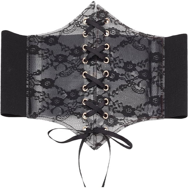 Cinturón corsé ancho elástico vintage negro con cordones para mujer, con encaje transparente, pétalos de ganchillo y cinta.