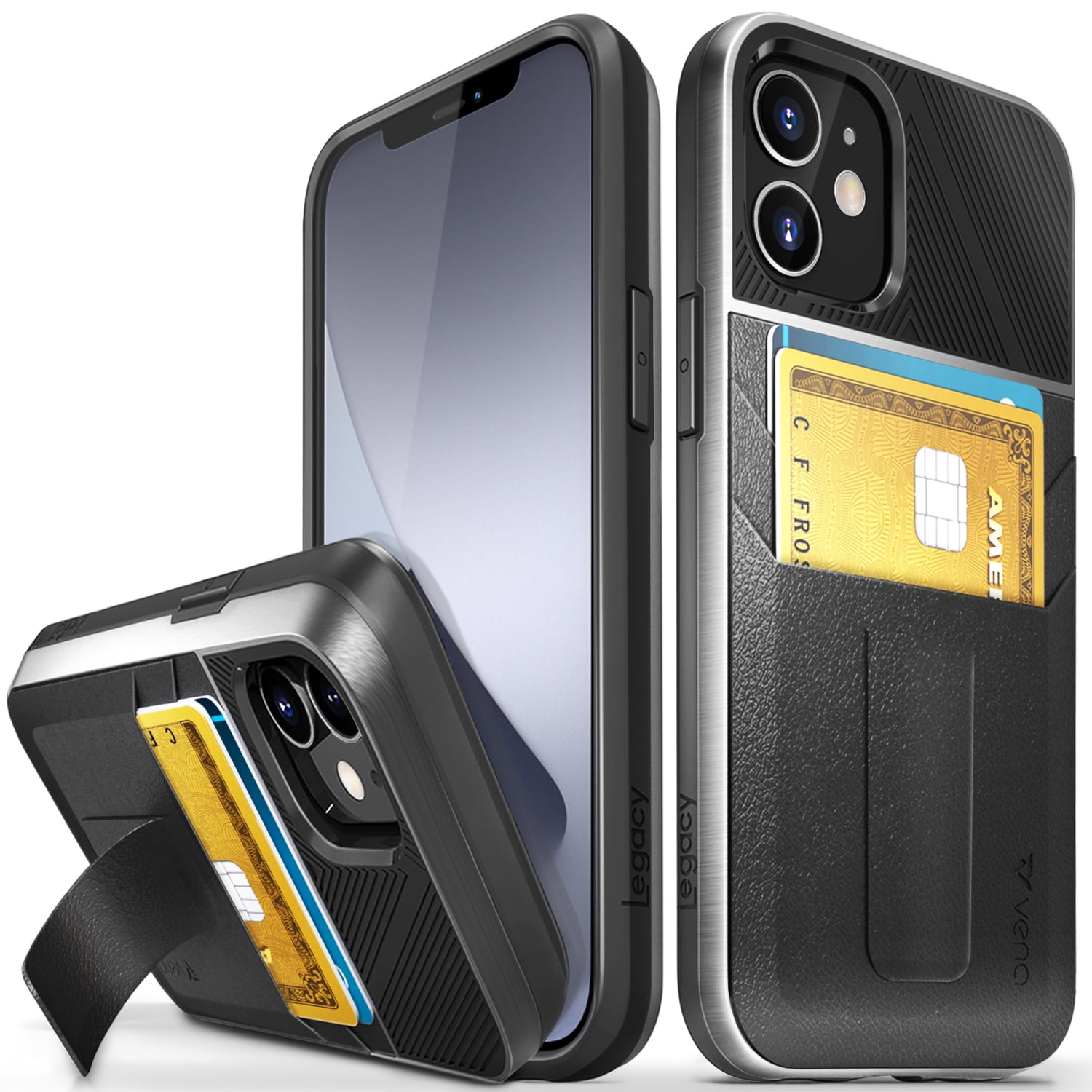 Vena Legacy Card Holder Case Compatible with Apple iPhone 12 Mini (5.4"-inch), (CornerGuard Protection) Slim Profile Leather Credit Card Slot Case Cover with Kickstand - Black