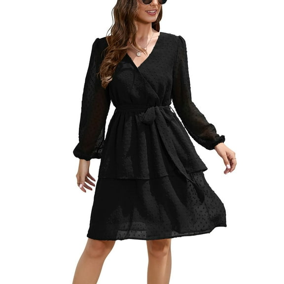 Jdlsppl Women's Long Sleeve Dresses Holiday Sundress Fall Midi Casual High Waist V Neck Chiffon Summer Dress Black 12