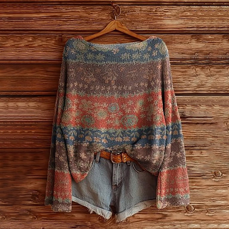 BODOAO Women's Vintage Boho Print Long Sleeve Top Tribal Ethnic Floral ...
