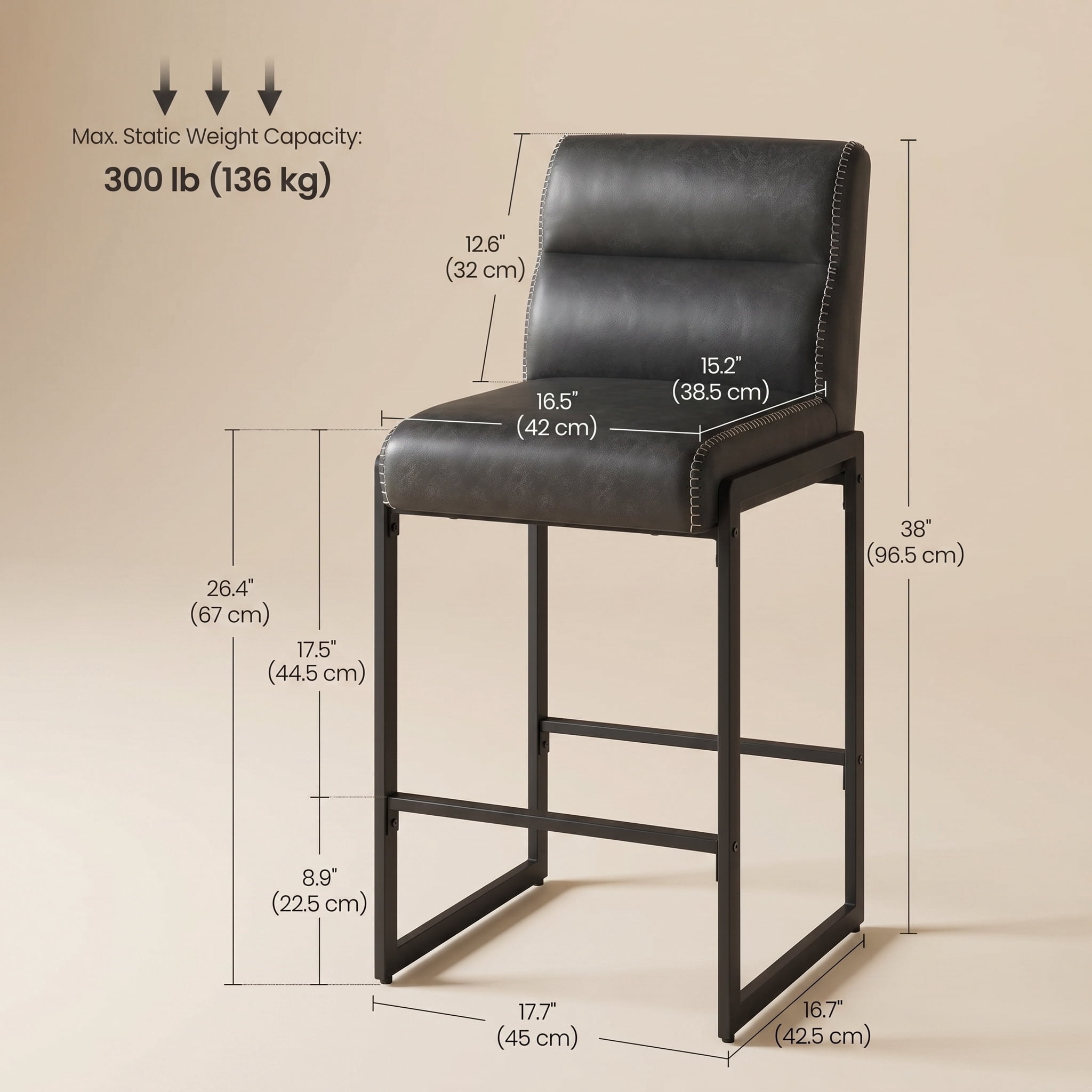 26.4 in. Ink Black Counter Height Bar Stools with Back and Synthetic Leather Stitching (Set of 2)