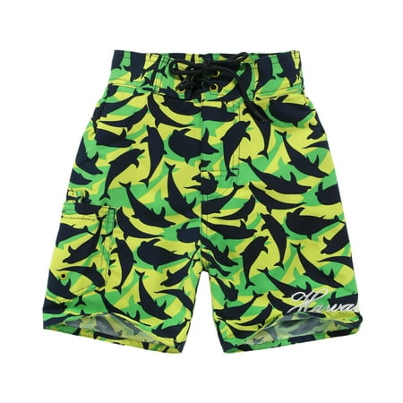 Boy Hawaiian Swimwear Board Shorts with Tie in Green Yellow with Navy Dolphin Print 10 Year