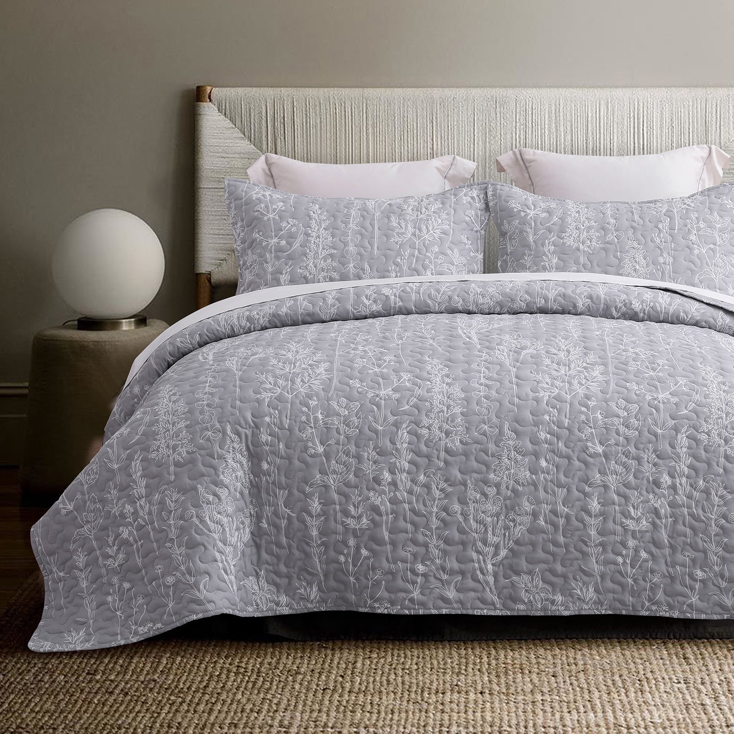 SLEEPBELLA Grey Quilt Set King Size 3Pcs, Grey Printed with White Botanical Pattern, All Season Lightweight Coverlet Sets(King 106x96, Grey Botanical)