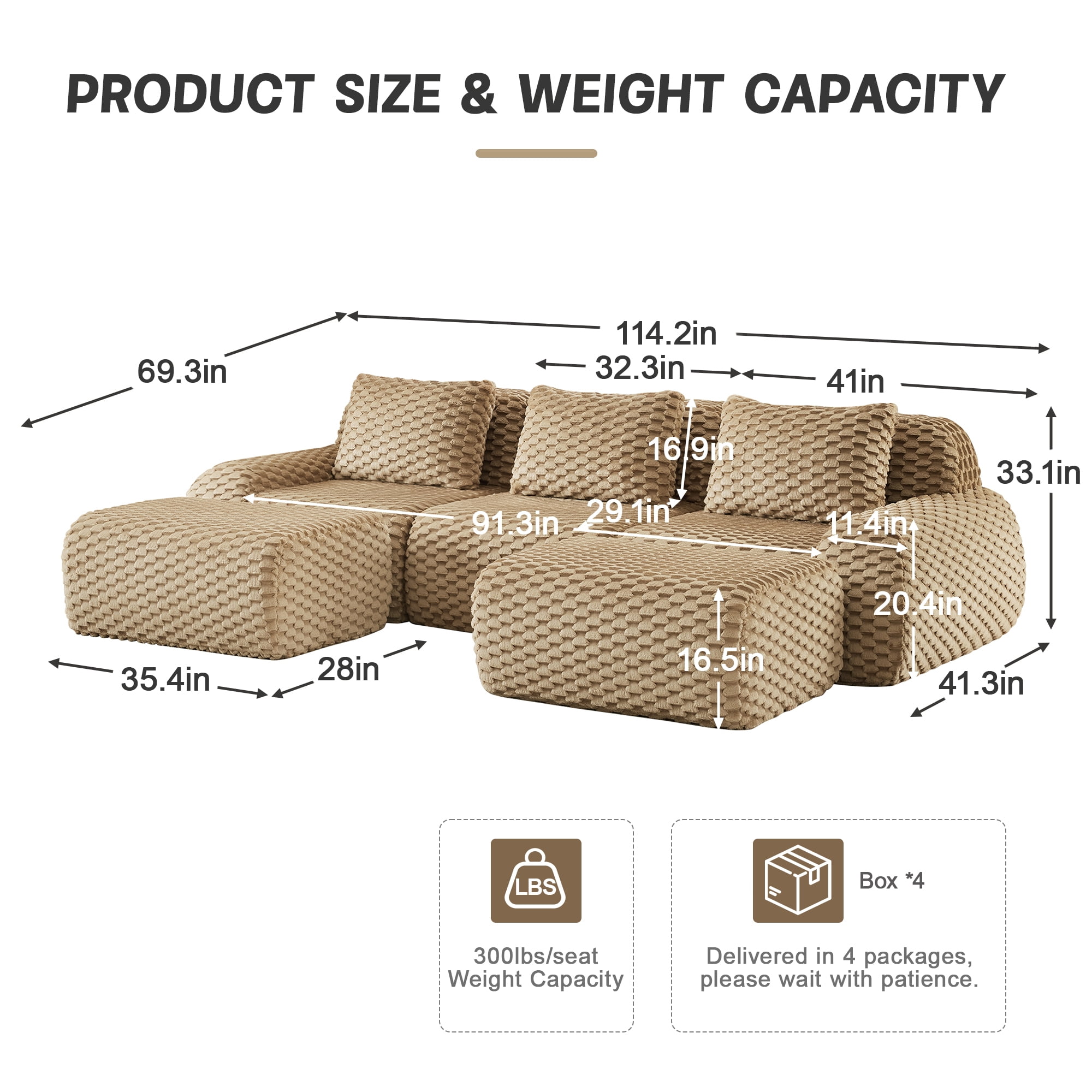 Alvantor 114" Cloud Modular Sectional Sofa with Movable Ottoman, U Shaped Deep Seat Flannelette Boneless Couch for Living Room Bedroom Light Camel
