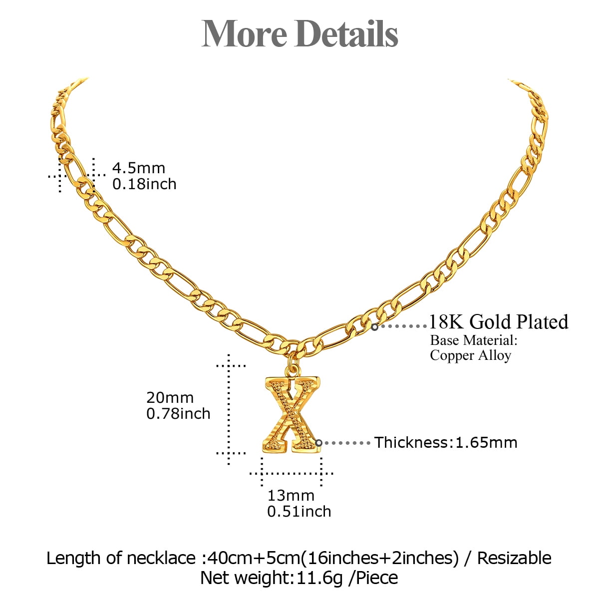 FOCALOOK Initial X Necklaces for Women Men Gold Plated Figaro Chain 16 Inches Capital Letter Pendant Jewelry Gift for Grandmother Birthday Valentines Day Christmas