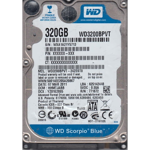 WD3200BPVT-24ZEST0, DCM HHMTJABB, Western Digital 320GB SATA 2.5 Hard Drive